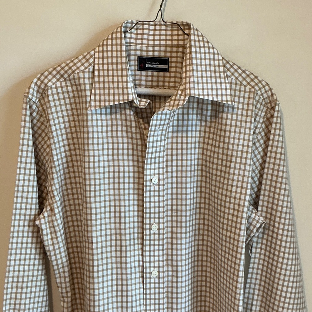 Veritas Men's Brown and White Checkered Dress Shirt